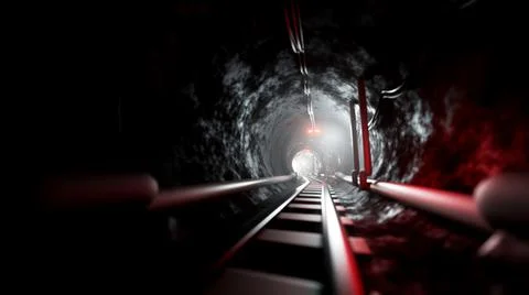 3D rendering Black stone railway tunnel with light at the end. Stock Illustration