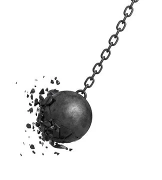 3d rendering of a black swinging wrecking ball crashing into a wall on white Illustrazione stock