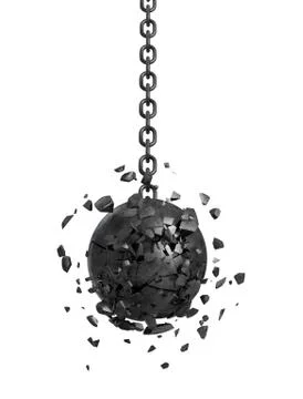 3d rendering of a black swinging wrecking ball crashing into a wall on white Stock Illustration