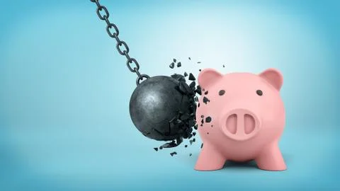 3d rendering of a black swinging wrecking ball breaks itself when collides with Stock Illustration