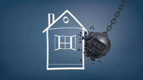 3d rendering of a black swinging wrecking ball with a written word Debt smashes Stock Illustration