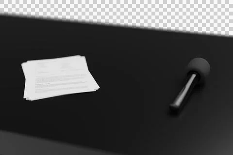 3D rendering of a black Talkshow desk with microphone and moderation papers. Stock Illustration