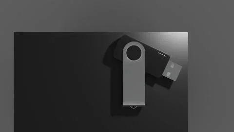 3d rendering of a black usb stick in dark studio background Illustrazione stock