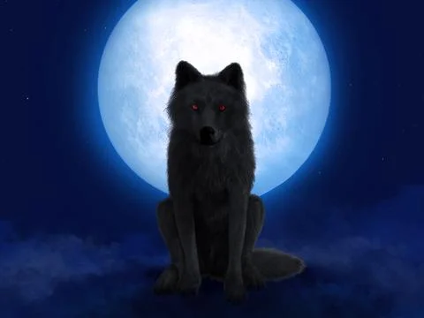 3D rendering of black wolf with red eyes in moonlight. Stock Illustration