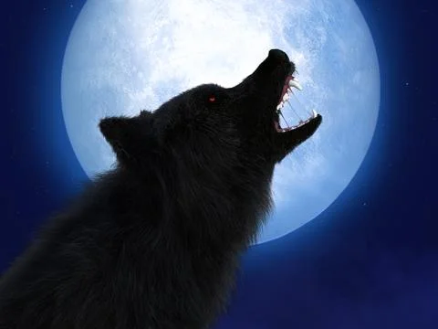 3D rendering of black wolf with red eyes in moonlight. Stock Illustration