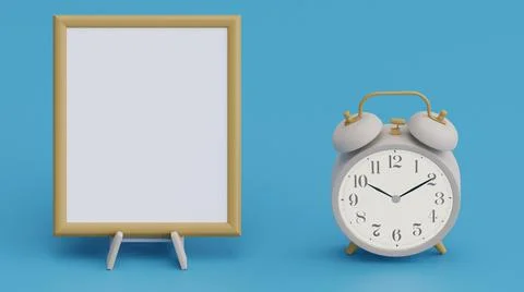 A 3D rendering of a blank board with an alarm clock on the side - educational Stock Illustration