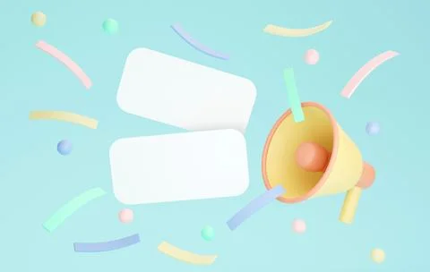 3D rendering of blank paper cards with megaphone confetti on background. 3D.. Stock Illustration