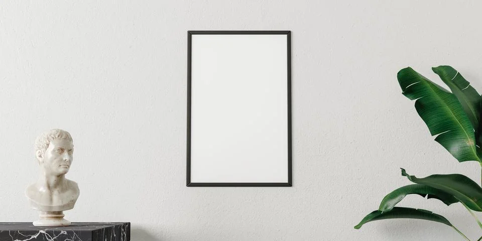 3D rendering of blank rectangular vertical frame hanging on white wall Stock Photos