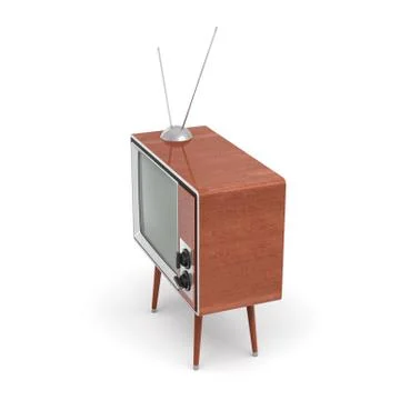 3d rendering of a blank retro TV set with an antenna stands on a low four legged Stock Illustration