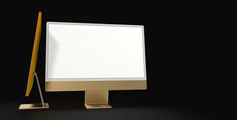 A 3d rendering of blank screen desktop computer and gold yellow Mockup comput イラスト素材