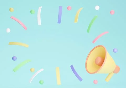 3D rendering of blank space for text with megaphone confetti on background... Illustrazione stock