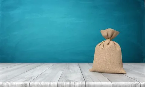 3d rendering of a blank tied up hessian bag full of money standing on a wooden Stock Illustration