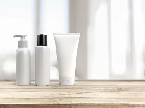 3d rendering of blank white mockup cosmetic set a pump lid bottle, a flip lid Stock Illustration