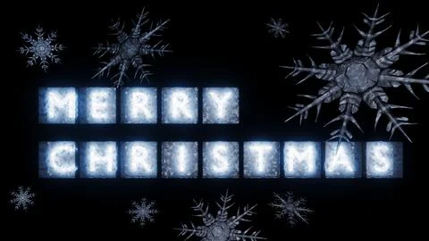 A 3d rendering of blocks spell out "MERRY CHRISTMAS" and snowflakes Stock Illustration