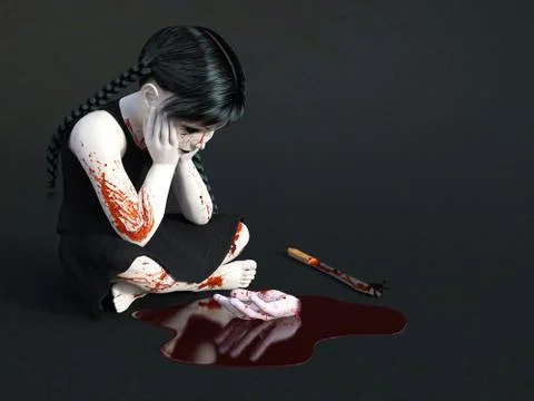3D rendering of a blood covered small girl sitting on the floor. Stock Illustration