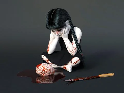 3D rendering of a blood covered small girl sitting on the floor. Stock-Illustration