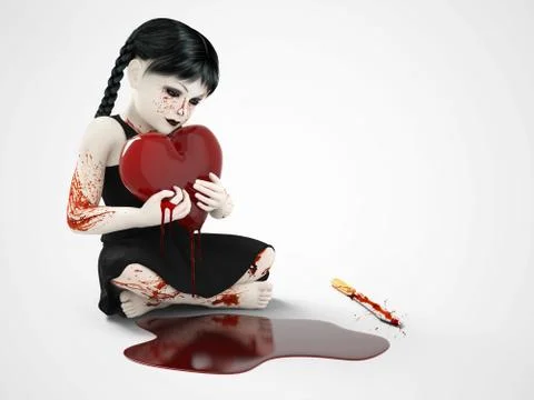 3D rendering of a blood covered small girl holding bleeding heart. Stock Illustration