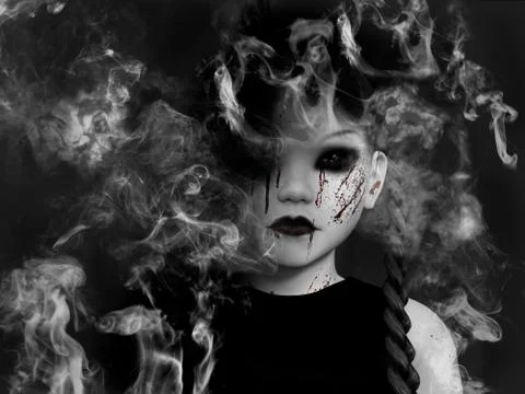 3D rendering of a blood covered small girl dissolving in smoke. Stock Illustration