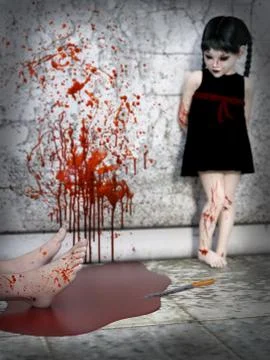 3D rendering of a blood covered small girl with murdered body. Stock Illustration