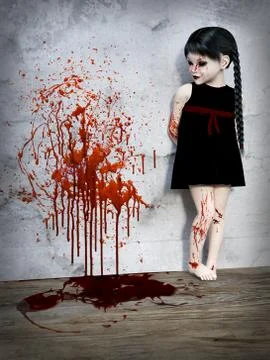 3D rendering of a blood covered small girl with blood stained wall. Stock-Illustration