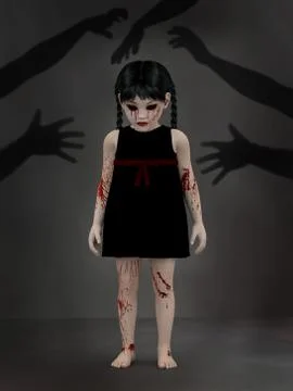 3D rendering of a blood covered small girl with shadow hands. Stock Illustration