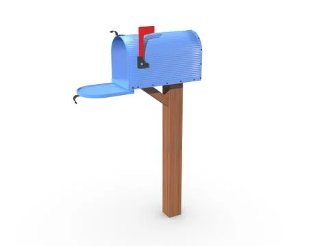 A 3D rendering of a blue and empty US Mailbox, open with corrugated casing an Stock Illustration