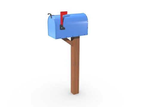 A 3D rendering of a blue and empty US Mailbox, closed with clean casing and r Stock-Illustration
