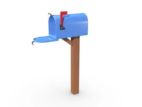 A 3D rendering of a blue and empty US Mailbox, open with clean casing and red Stock Illustration