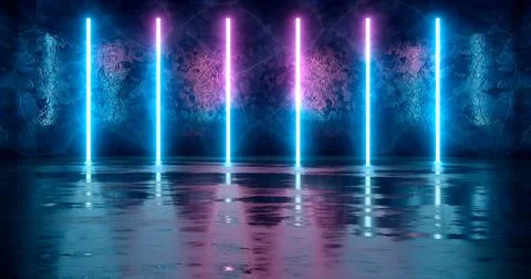 3d rendering. Blue and pink neon lights set against a cracked ice wall. Stock Illustration