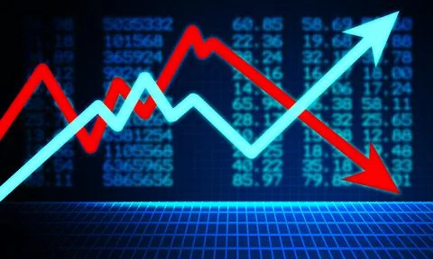 3d rendering of blue and red arrows of a business graph Stock Illustration