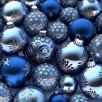 3D rendering of blue and silver Christmas baubles on a silver background, can be Stock Photos