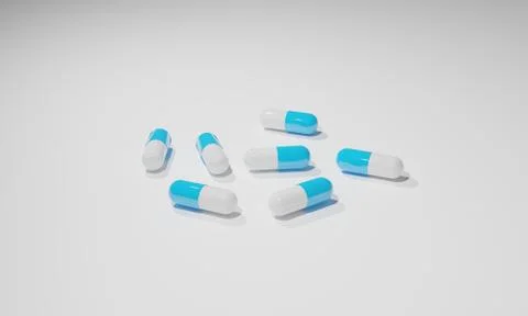 3D rendering of blue and white capsules on gray white background Stock Illustration