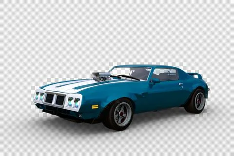 3D rendering of a blue and white 1970s vintage American muscle car isolated o Stock Illustration