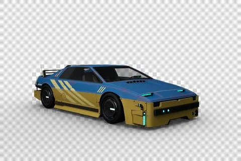 3D rendering of a blue and yellow futuristic cyberpunk style car isolated on  Illustrazione stock