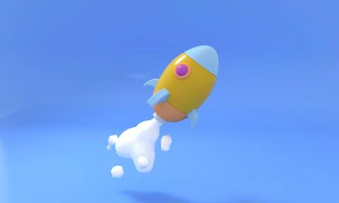 3d rendering blue background cartoon spacecraft takes off business start concept Stock Illustration