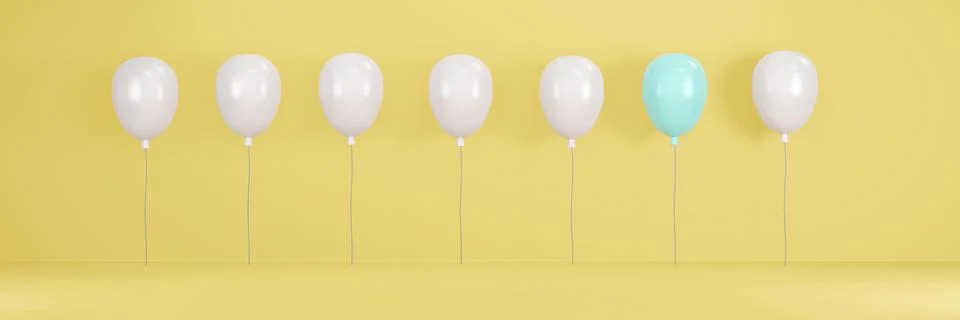 3D Rendering blue balloon stand out from crowd on yellow background concept.. Stock Photos
