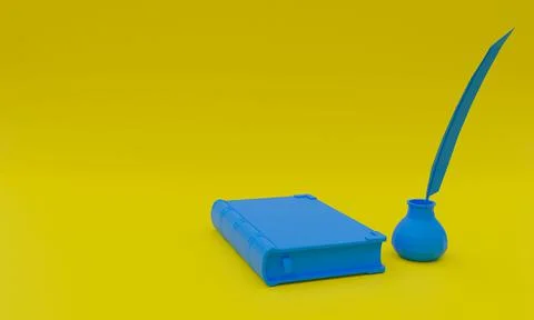 3d rendering of a blue book and inkwell with pen isolated on yellow background w Stock Illustration