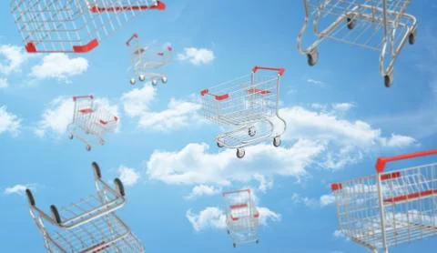 3d rendering of a blue cloudy sky full of flying and falling supermarket carts Stock Illustration