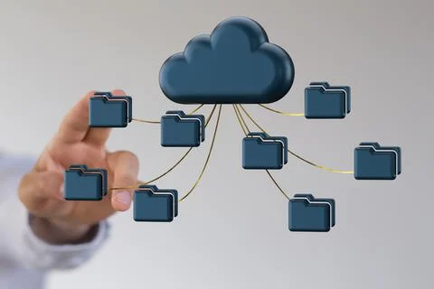 A 3d rendering of blue computer folders connected to a data cloud on a white  写真素材