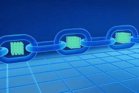 3d rendering with blue cubes and chain for digital information data web conce Stock Illustration