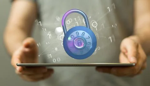 A 3d rendering of a blue cybersecurity lock concept in a binary scheme over a Foto stock