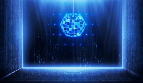 3D rendering Blue disco dance floor with mirror balls mesh circles and spot.. Illustrazione stock