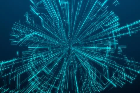 3d rendering, blue diverging technological lines 스톡 일러스트