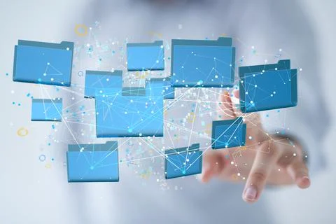 3D rendering of blue folder icons in the air with plexus lines around them and a Foto stock