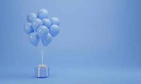 3d rendering. Blue gift box with balloons on pastel background with copy spac Stock Illustration