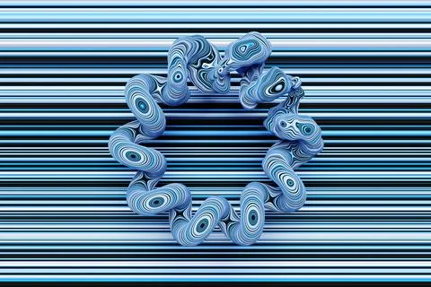 3D rendering blue glowing neon round fractal, portal on striped isolated back Stock Illustration