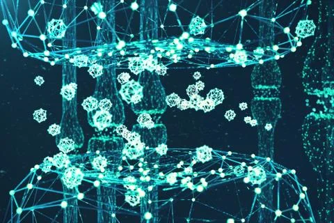 3D rendering blue glowing synapse. Artificial neuron in concept of artificial Stock Illustration