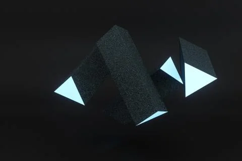 3d rendering, blue glowing triangle pillar with dark background, Illustrazione stock