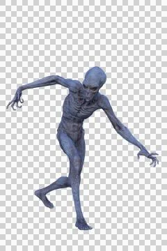 3D rendering of a blue grey alien man walking and looking down to his right i Stock Illustration