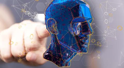 3D rendering of a blue head of a man and a hand behind 스톡 사진